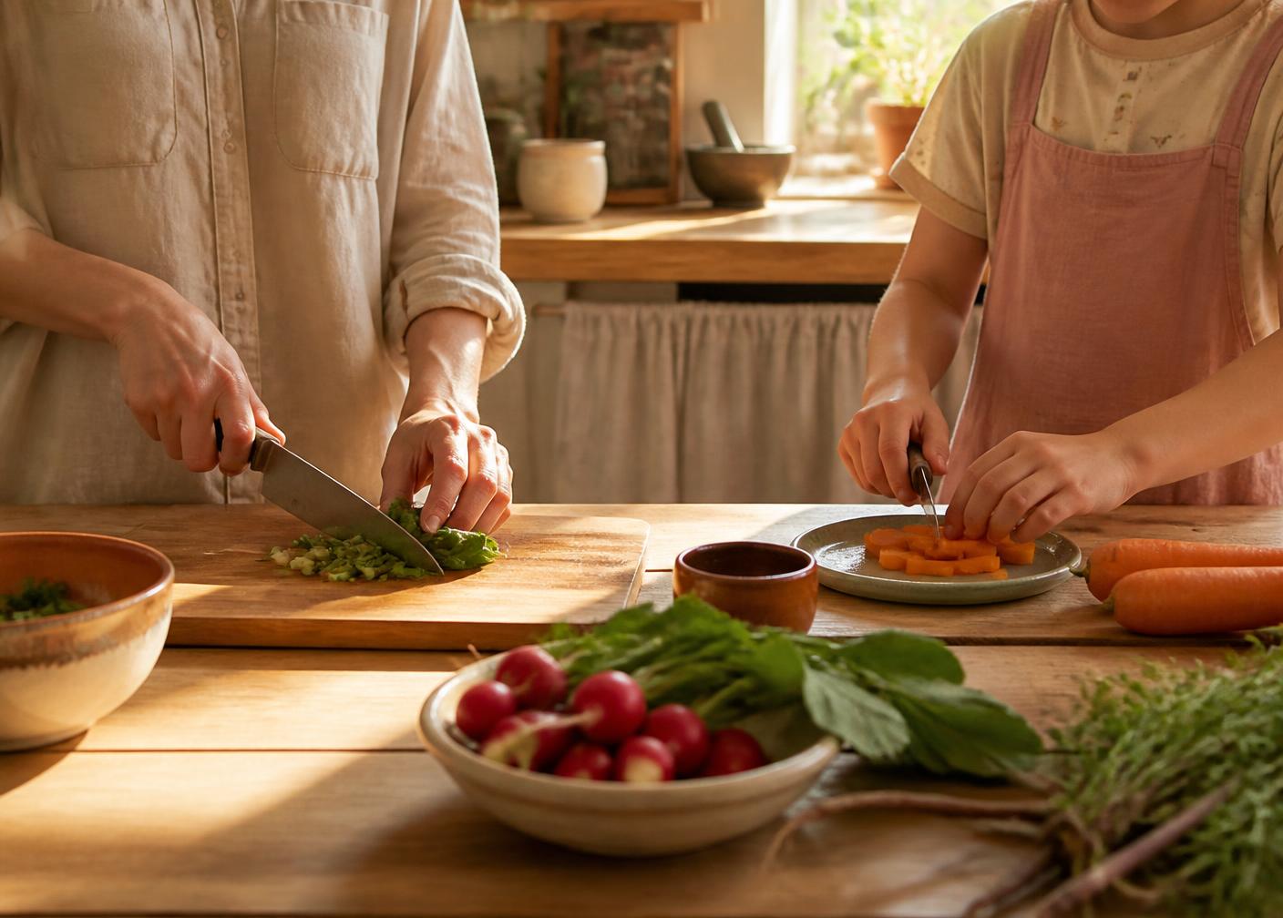 Un adulte et un enfant préparent des légumes ensemble dans une cuisine lumineuse.