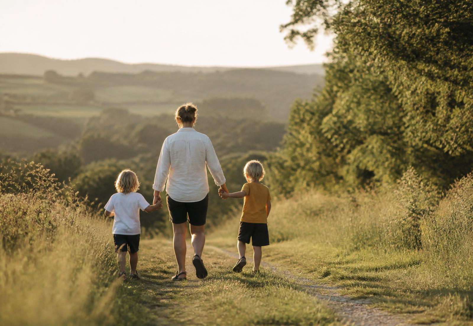 Un adulte et deux enfants marchent sur un chemin de campagne en fin de journée.
