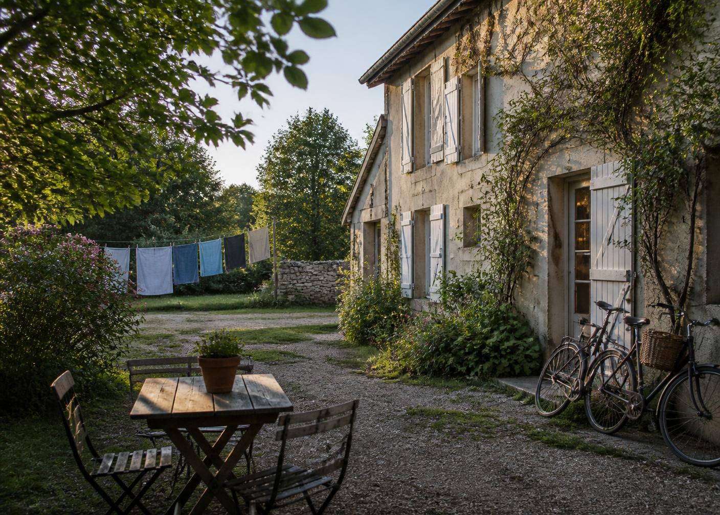 Maison de campagne avec jardin, vélos et linge qui sèche au soleil.